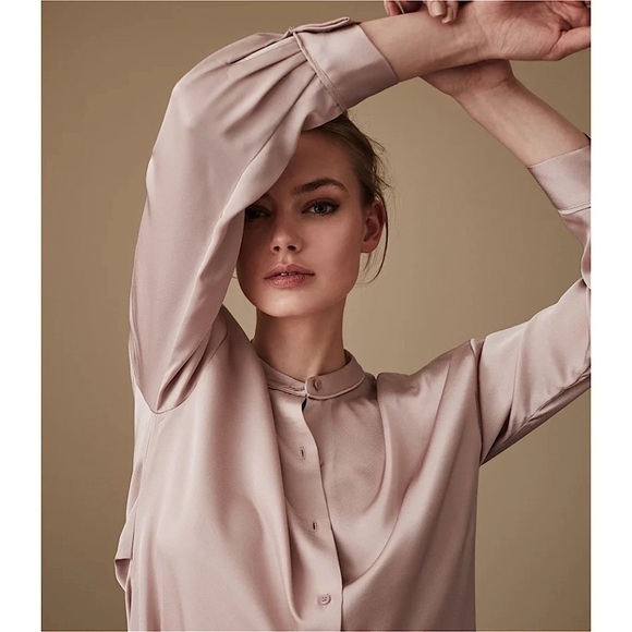 REISS Blush Satin Long Sleeve Band Collar Button Front Oversized Shirt Dress 6 - Picture 5 of 10